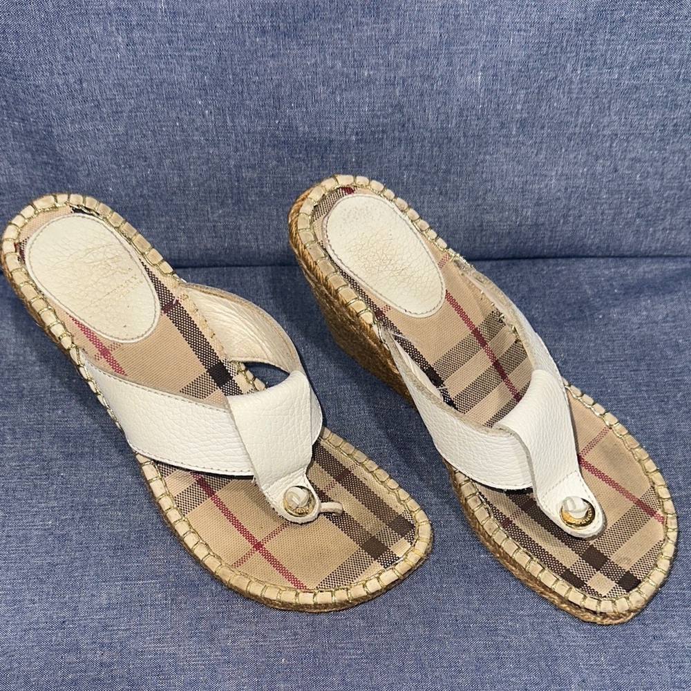 Burberry White and Tan Wedge Sandals